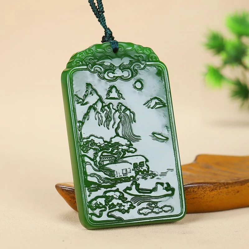 山水牌子吊坠无事牌挂件琉璃霸气绿色古风配饰雕刻时尚百搭精雕刻