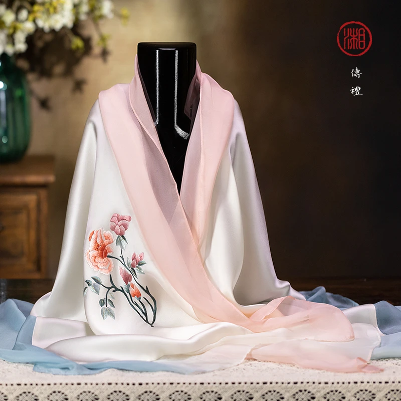 湘传礼新款渐变桑蚕丝真丝手工刺绣湘绣女围巾气质飘逸高档礼盒