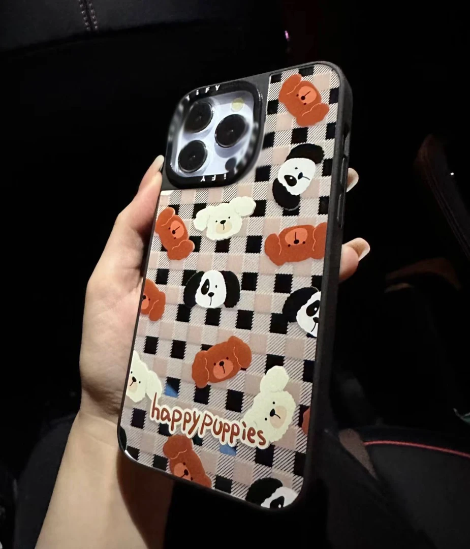 case格纹快乐小狗14Pro手机壳镜面iPhone13黑边框苹果12Pro