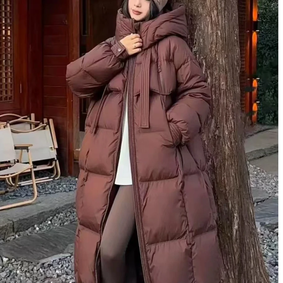 韩系高级感连帽羽绒服2024新款宽松冬季保暖轻奢飘带女加厚外套潮