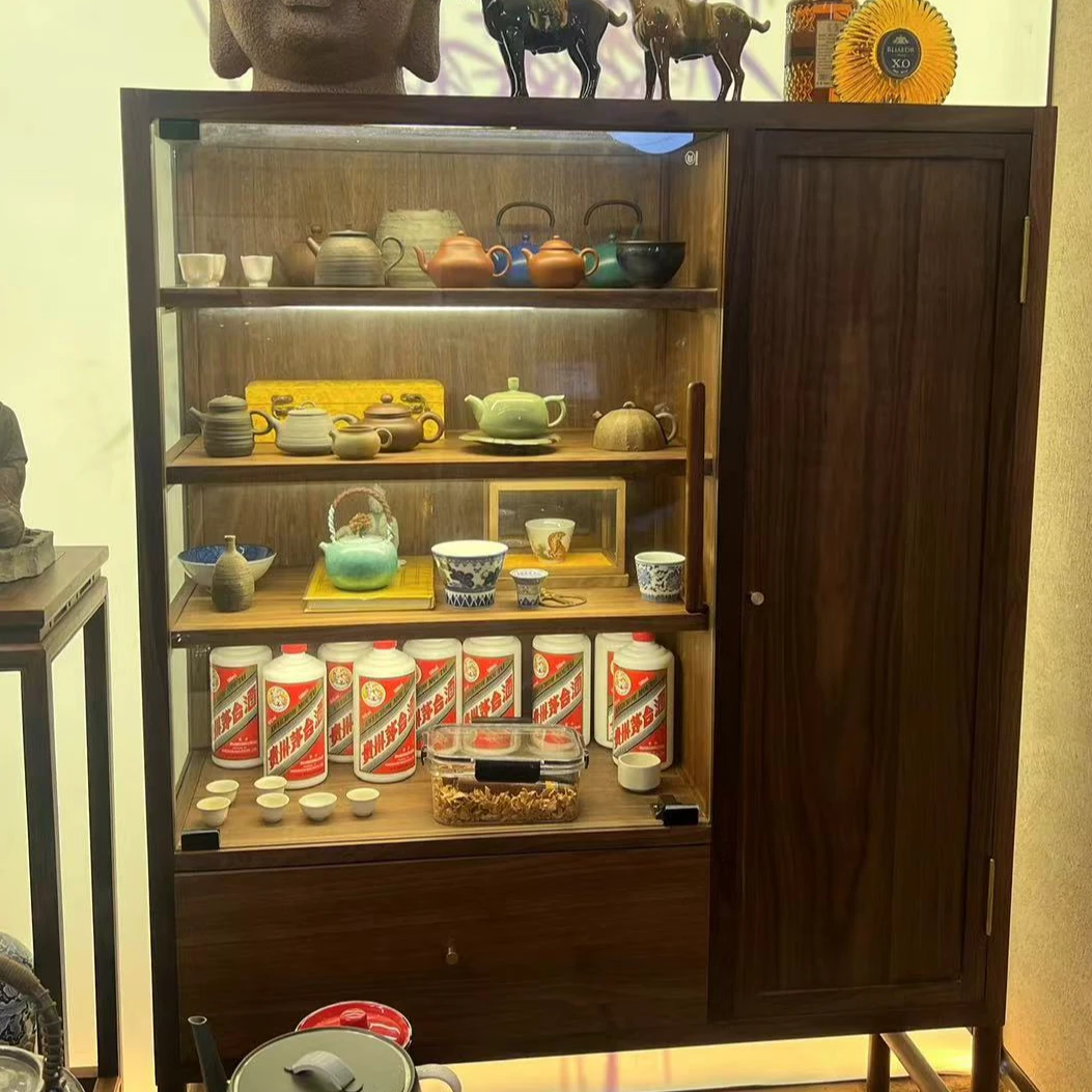 北美黑胡桃木玻璃餐边柜靠墙一体高档小酒柜灯带收纳博古架