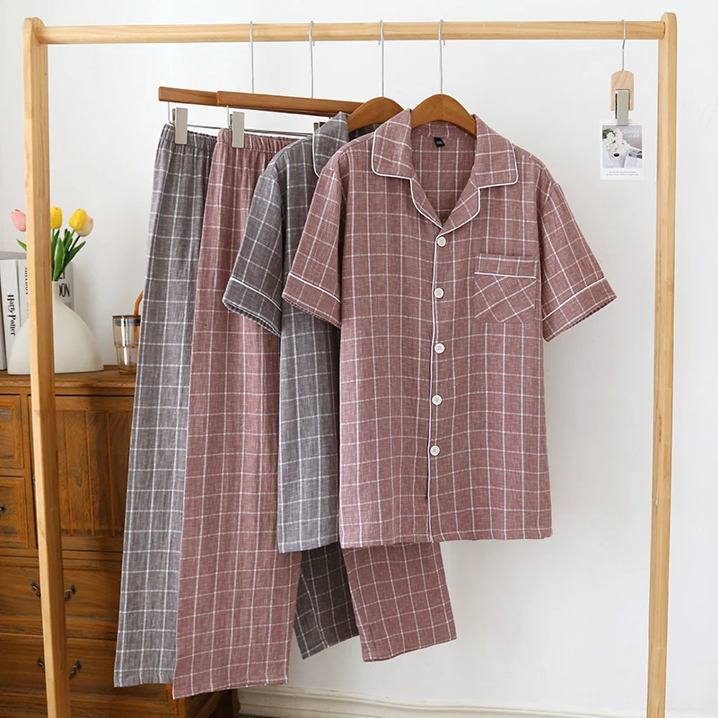 色织纯棉男士睡衣夏季日系格子短袖长裤薄款全棉家居服套装可外穿