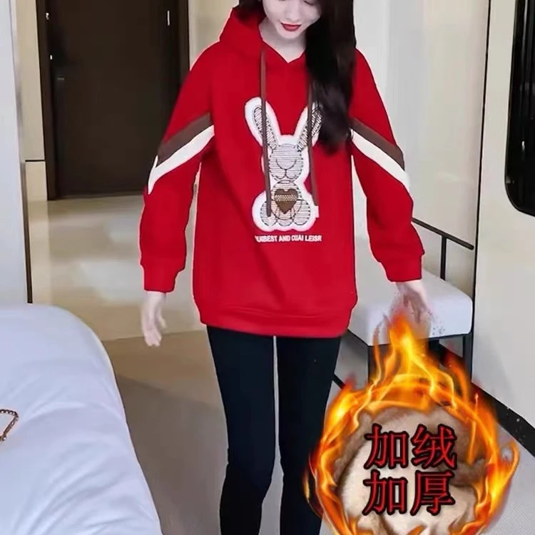 秋款时尚绣花加绒宽松外穿中长款套头外套连帽休闲长袖卫衣女