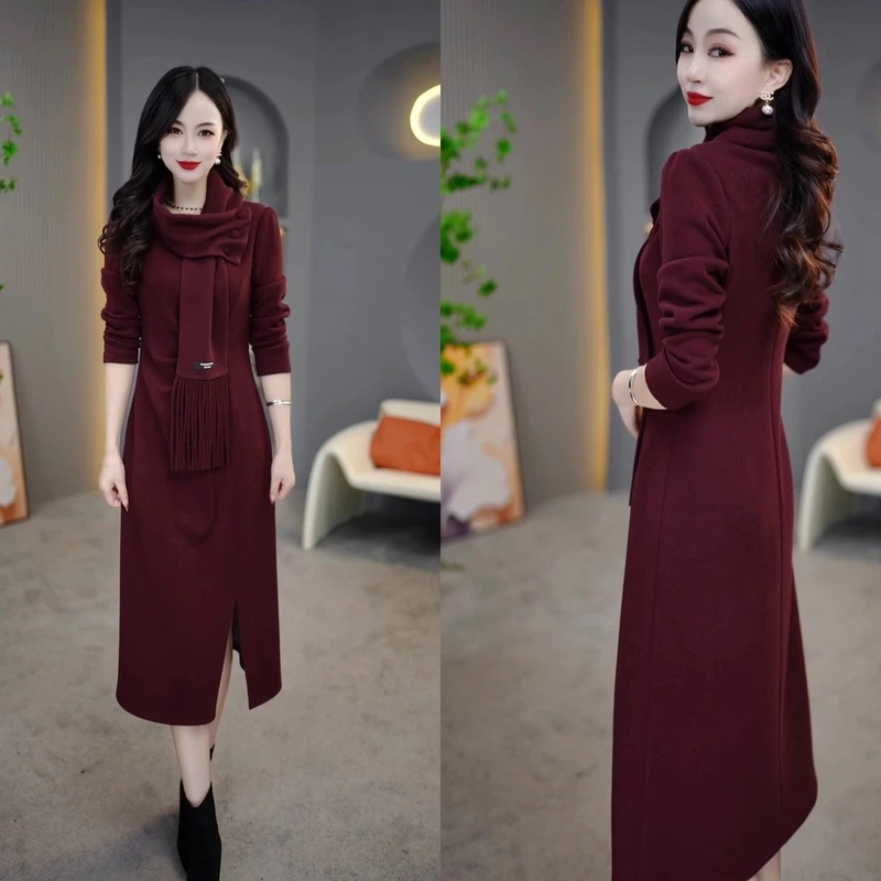 围巾＋裙子】2024秋冬新款薄绒轻奢百搭红色真两件毛呢针织连衣裙