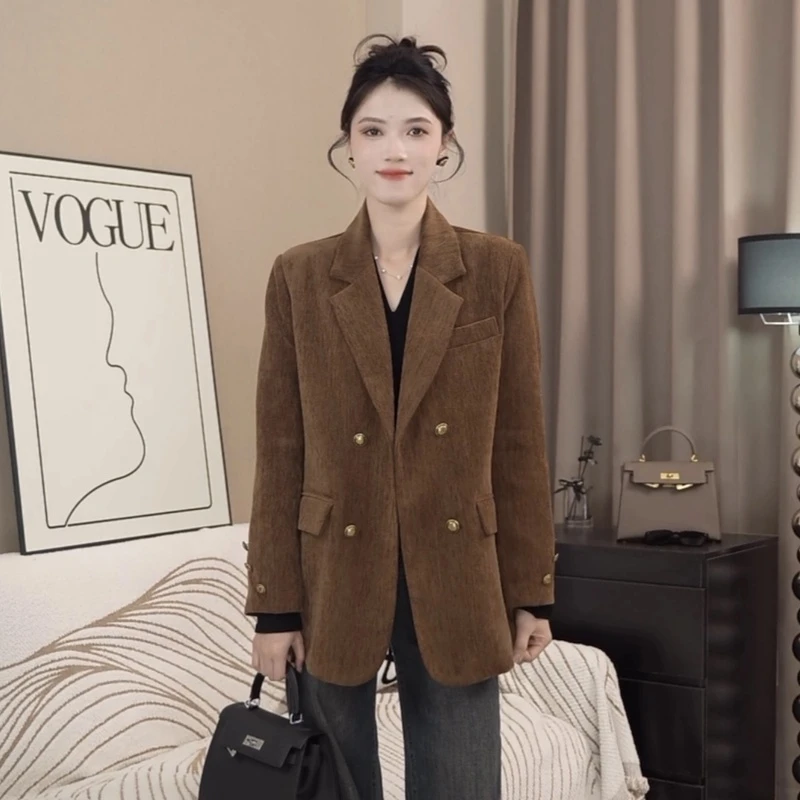 冬季新款美拉德高级感韩版复古宽松显瘦保暖加棉气质西装外套女