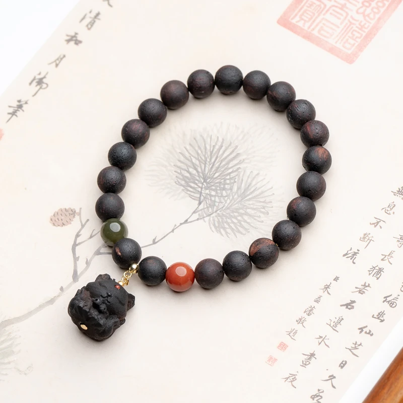 降真香8mm南红凤九单圈手串和质珠天然念珠手链雕刻