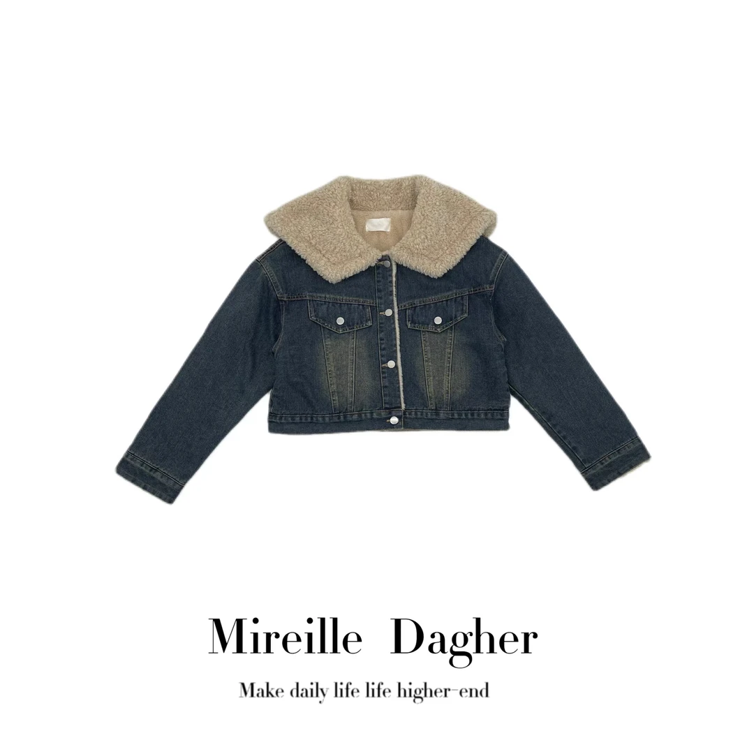 米莱Jiaer/新款大翻领拼接双包毛毛拼牛仔外套66203