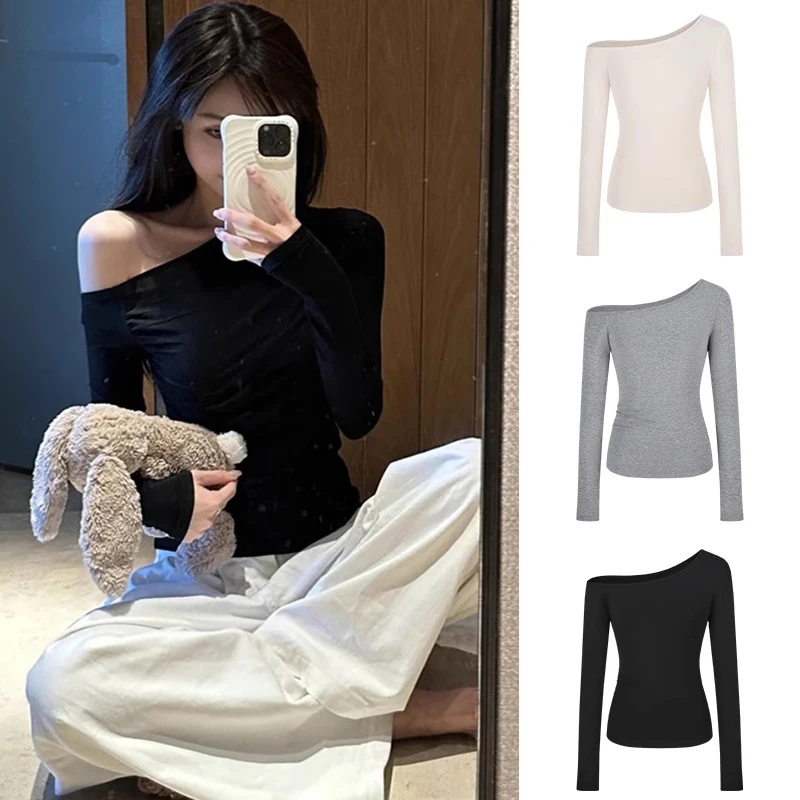 辣妹显瘦斜露肩长袖大码t恤女小众内搭打底衫不规则收腰别致上衣