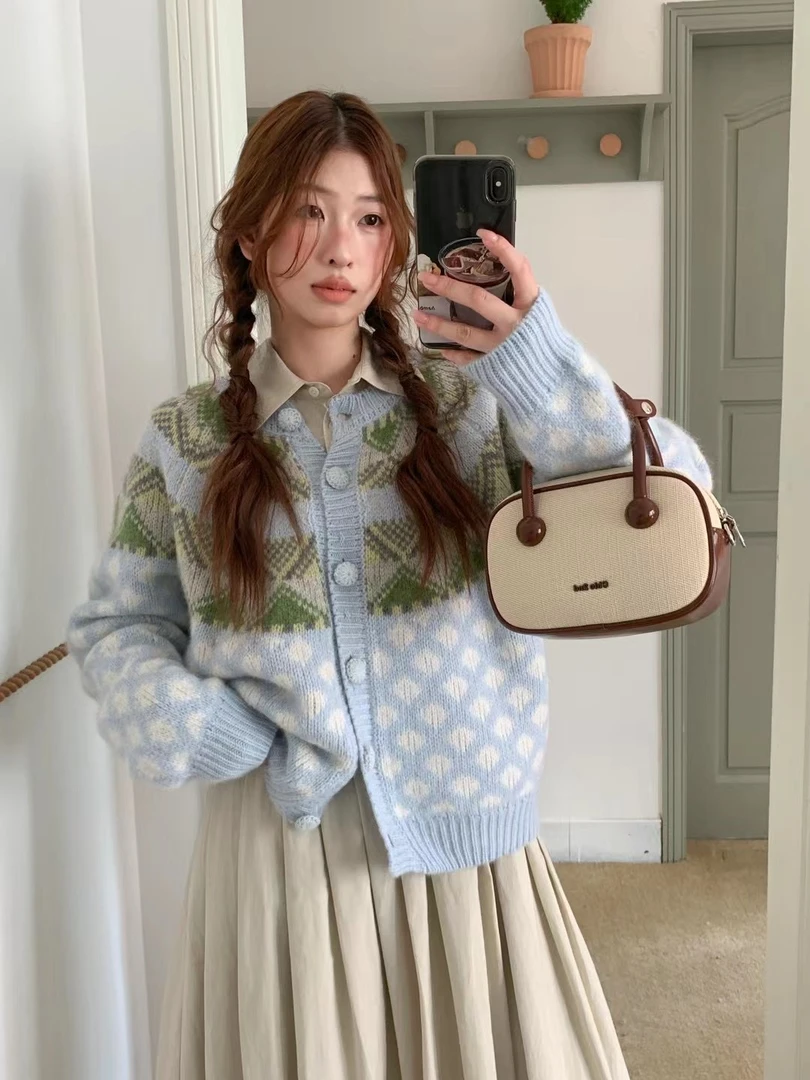 【包扣开衫】韩系费尔岛几何图案撞色针织开衫