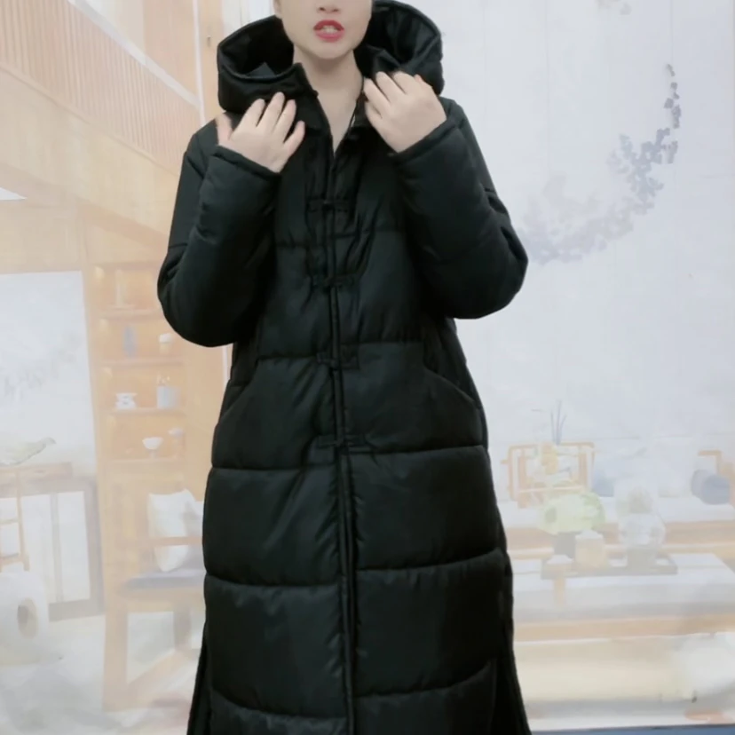 保暖百搭加厚过膝时尚连帽中长款休闲冬季黑色女士