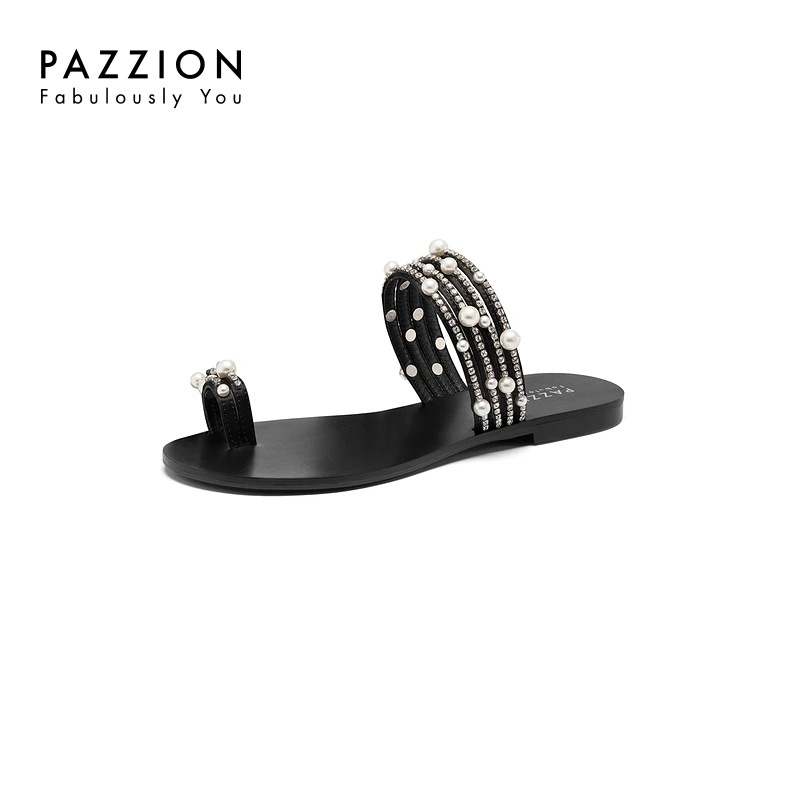 PAZZION2023春夏一字带外穿拖鞋女罗马风珍珠饰扣拖鞋