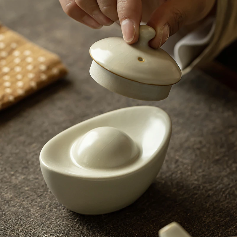 家用汝窑元宝盖置开片盖碗大号茶壶盖托陶瓷功夫茶具茶道配件摆件