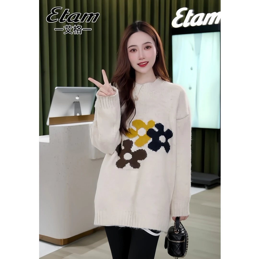 Etam/艾格2024秋冬套头宽松圆领花朵韩版时尚网红慵懒风毛衣