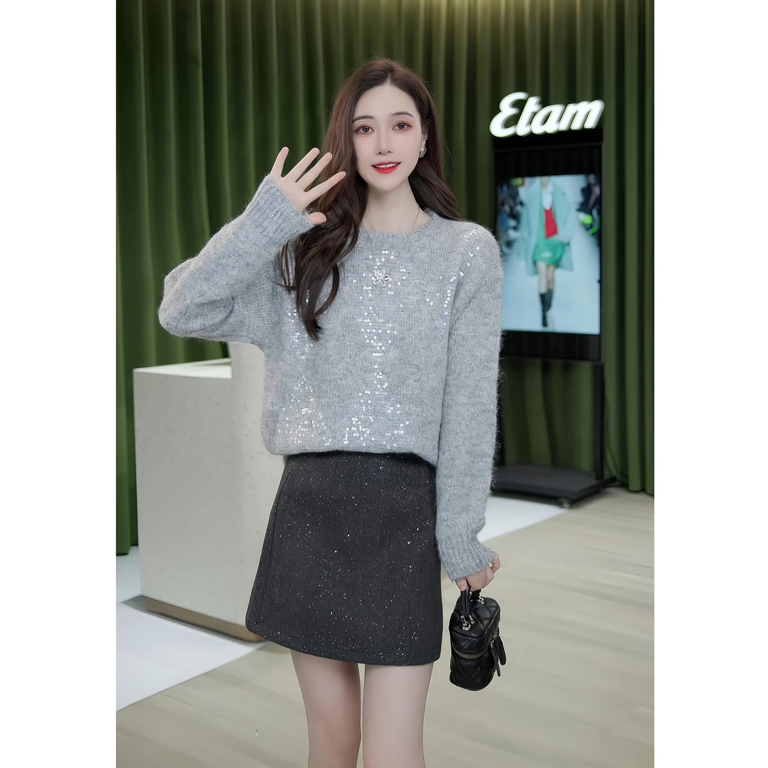 HEESZY/禾自[菱形格亮片]百搭毛衣韩版时尚慵懒宽松圆领秋冬套头