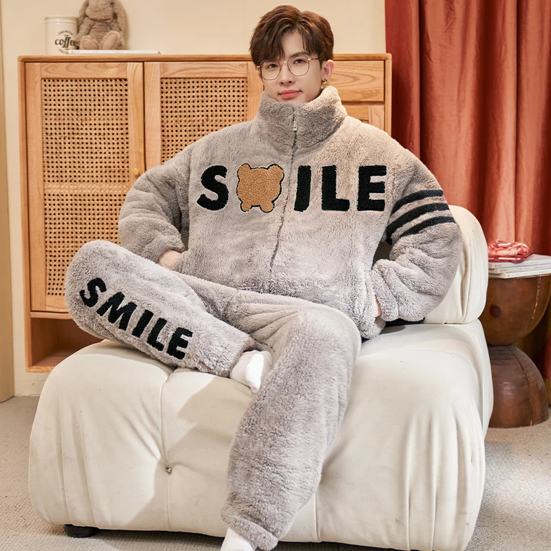 珊瑚绒睡衣男秋冬季加绒加厚2024年新款青少年学生大码冬天家居服