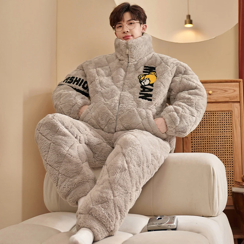 男士睡衣冬季珊瑚绒三层夹棉加厚加绒男款秋冬款家居服睡衣男