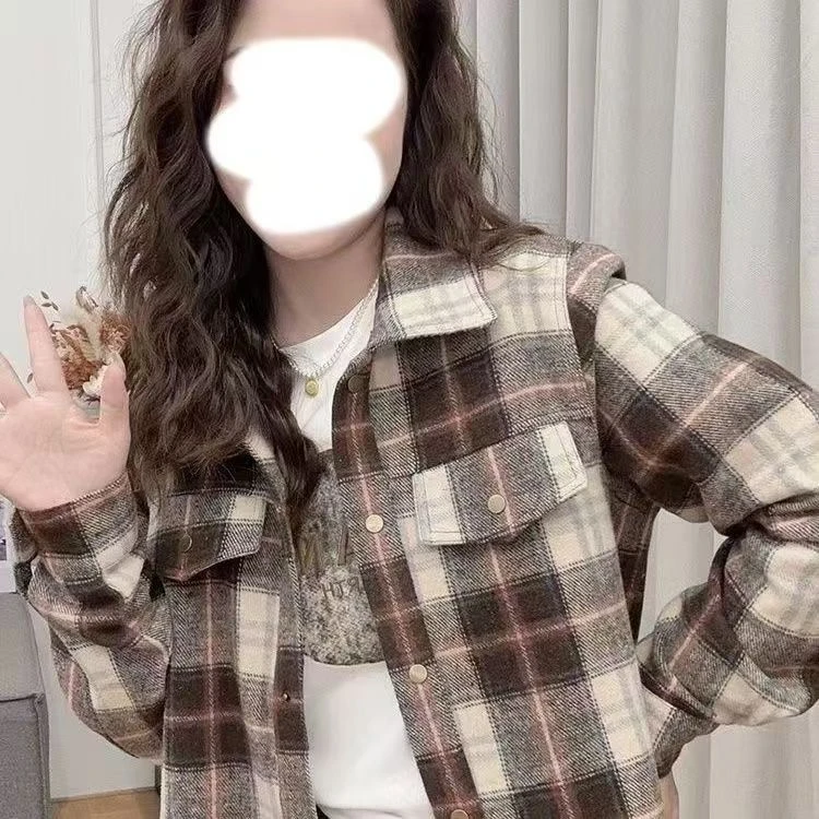 秋冬新款磨毛格子衬衫宽松百搭休短款外套衬衣上衣外搭加厚衬衫女