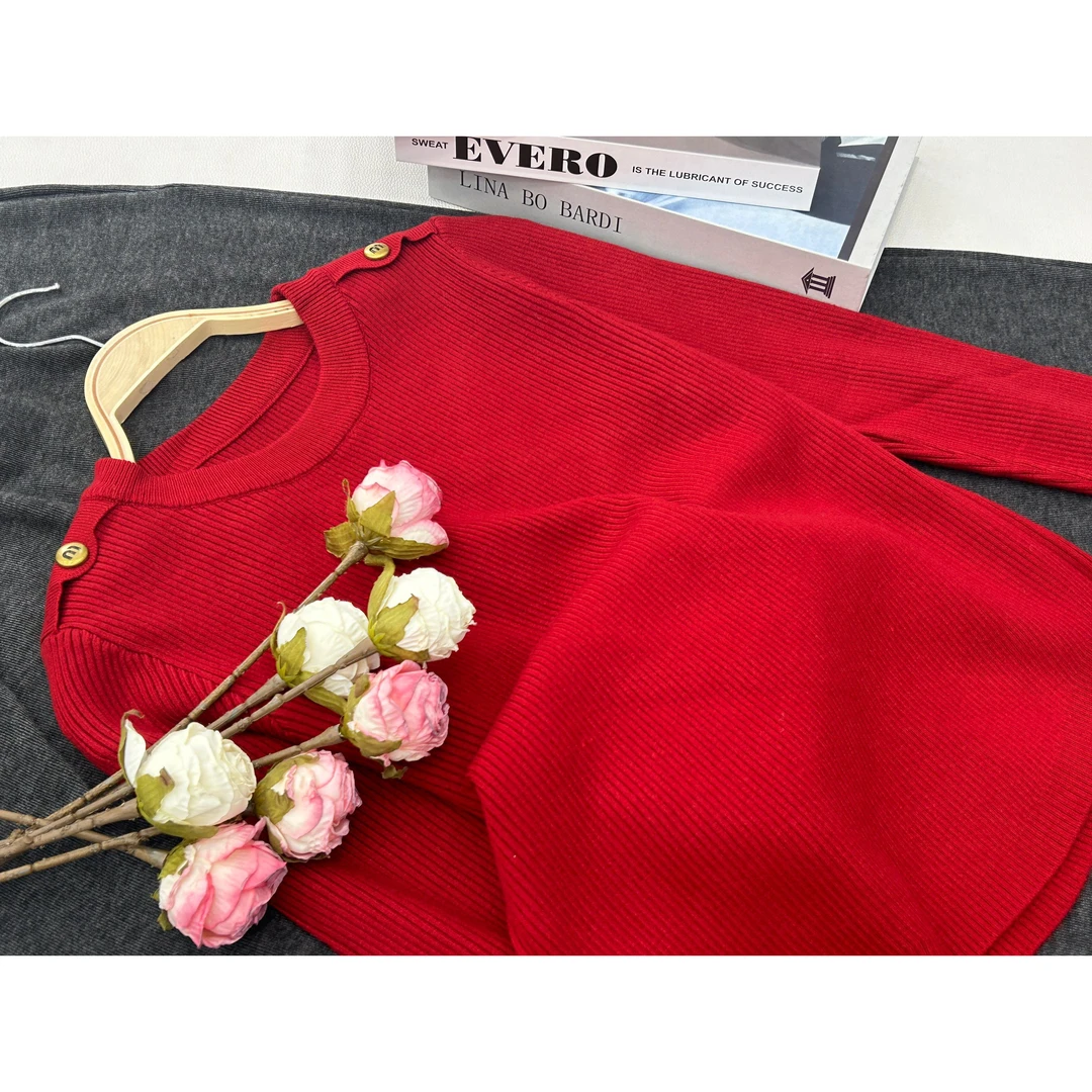 【M标圆领套头红】百搭气质款针织长袖上衣QC1134