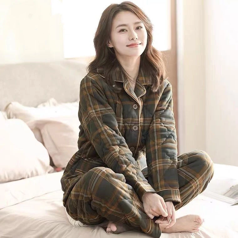 全棉服睡衣女纯棉夹棉袄冬款女袄子三层保暖加厚秋冬季家居服套装