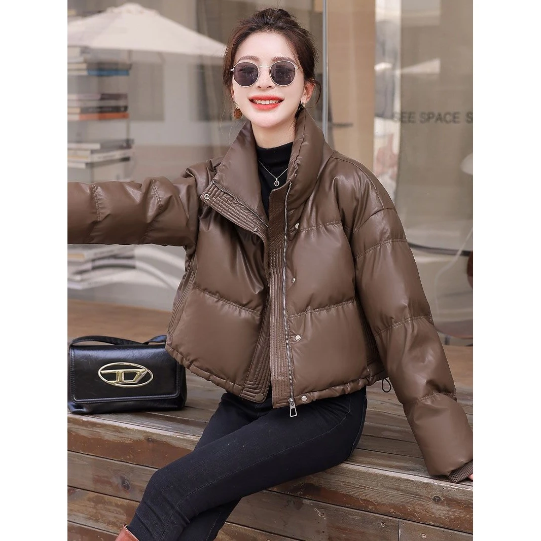 清廷心2023新款免洗PU皮羽绒服女短款立领加厚小个子时尚冬装外套