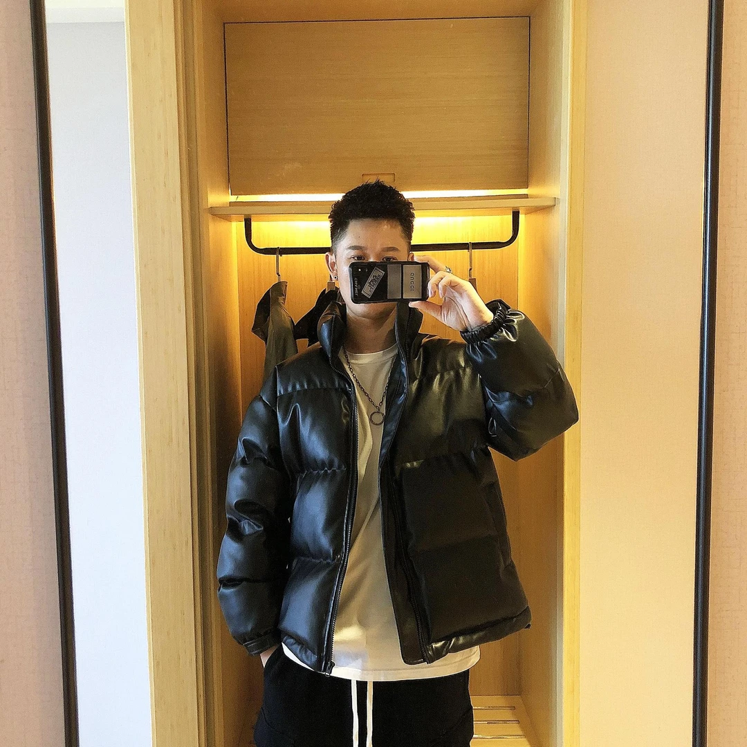 冬季2023新款秋冬季PU皮质高领面包服男士羽绒服外套保暖棉衣防