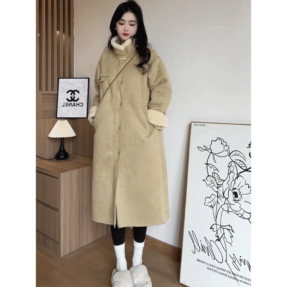 2023新款羽绒服冬季新款加厚女长款机车羊羔毛麂皮绒皮毛一体仿皮