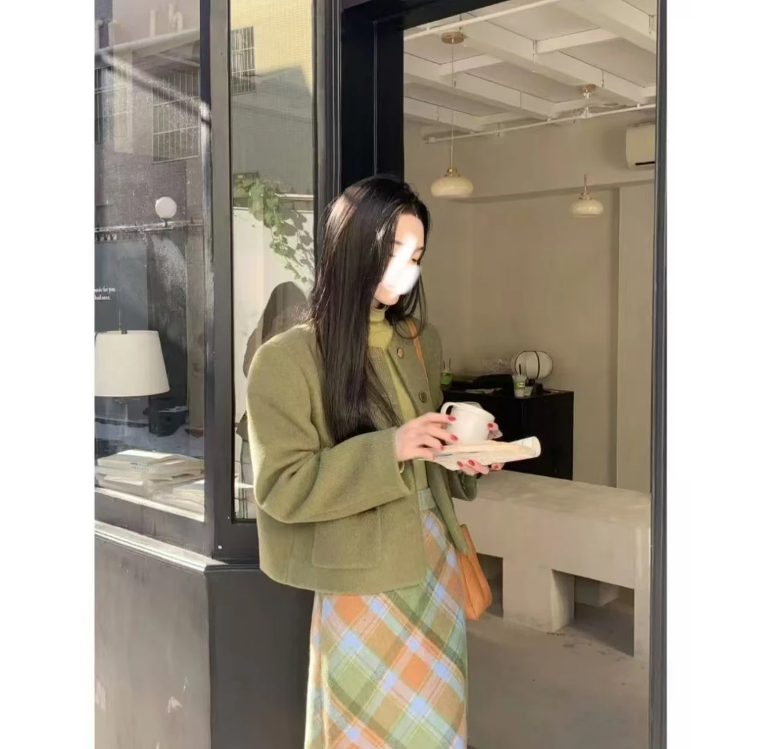 韩系小香风绿色毛呢外套打底衫秋冬格子半裙三件套G0139