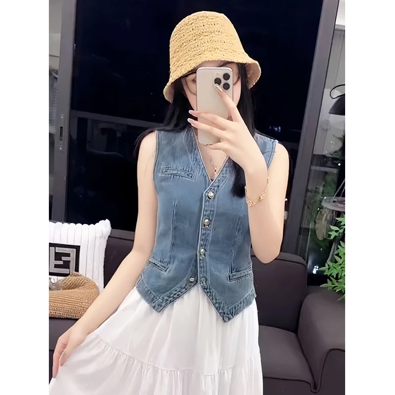牛仔气质女夏季新款港风复古时尚短款无袖坎肩百搭背心马夹外套潮