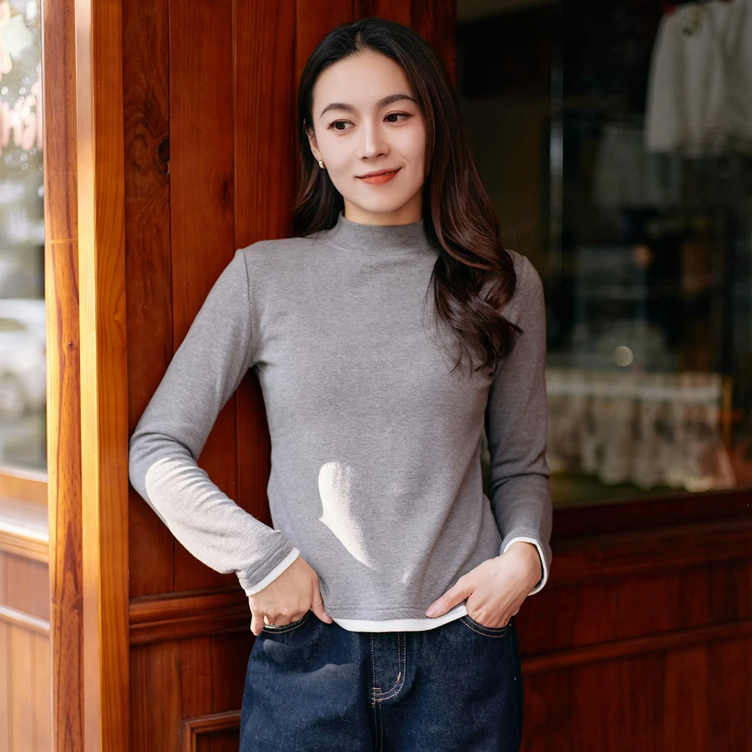 紫璐莱实用小衣柜~假两件拼接百搭显瘦磨毛打底衫女冬季长袖T恤5X