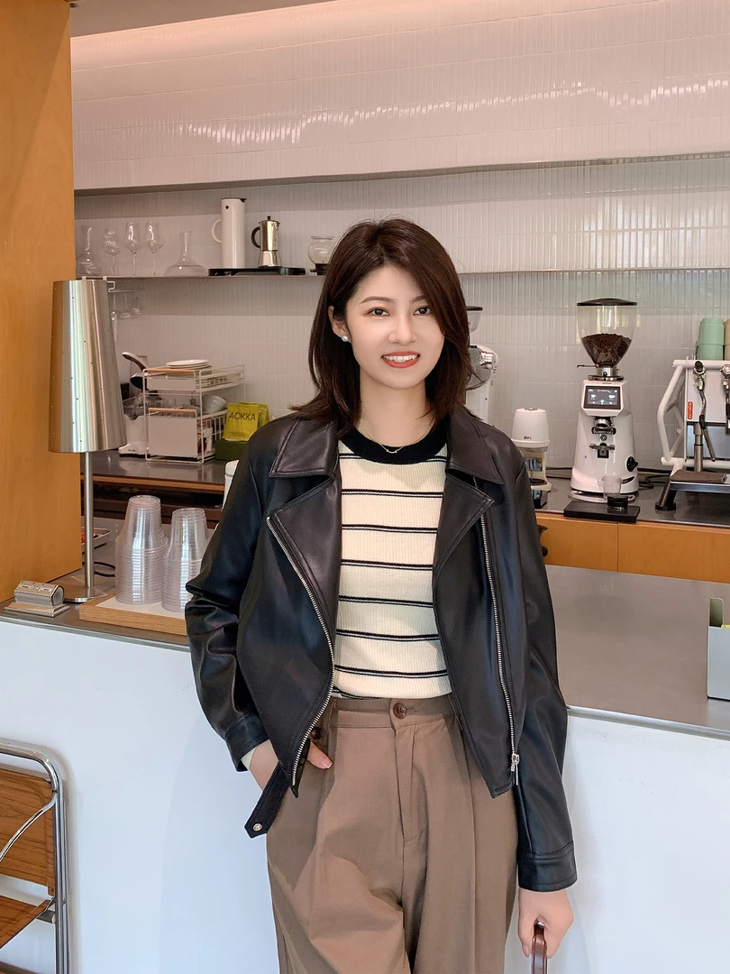 紫璐莱西西里岛~小个子短款美式复古休闲时髦高级感皮衣外套女74X