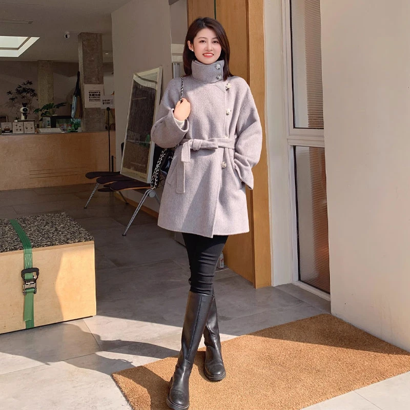 紫璐莱职场秀~立领设计感灰色双面羊毛呢子气场大衣外套女秋冬89Z