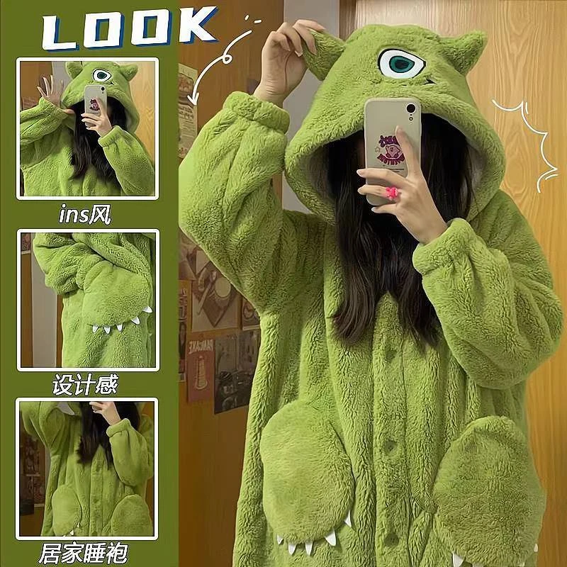 宽松睡衣女胖妹妹睡衣胖mm可爱卡通大眼仔珊瑚绒睡袍可外穿家居服
