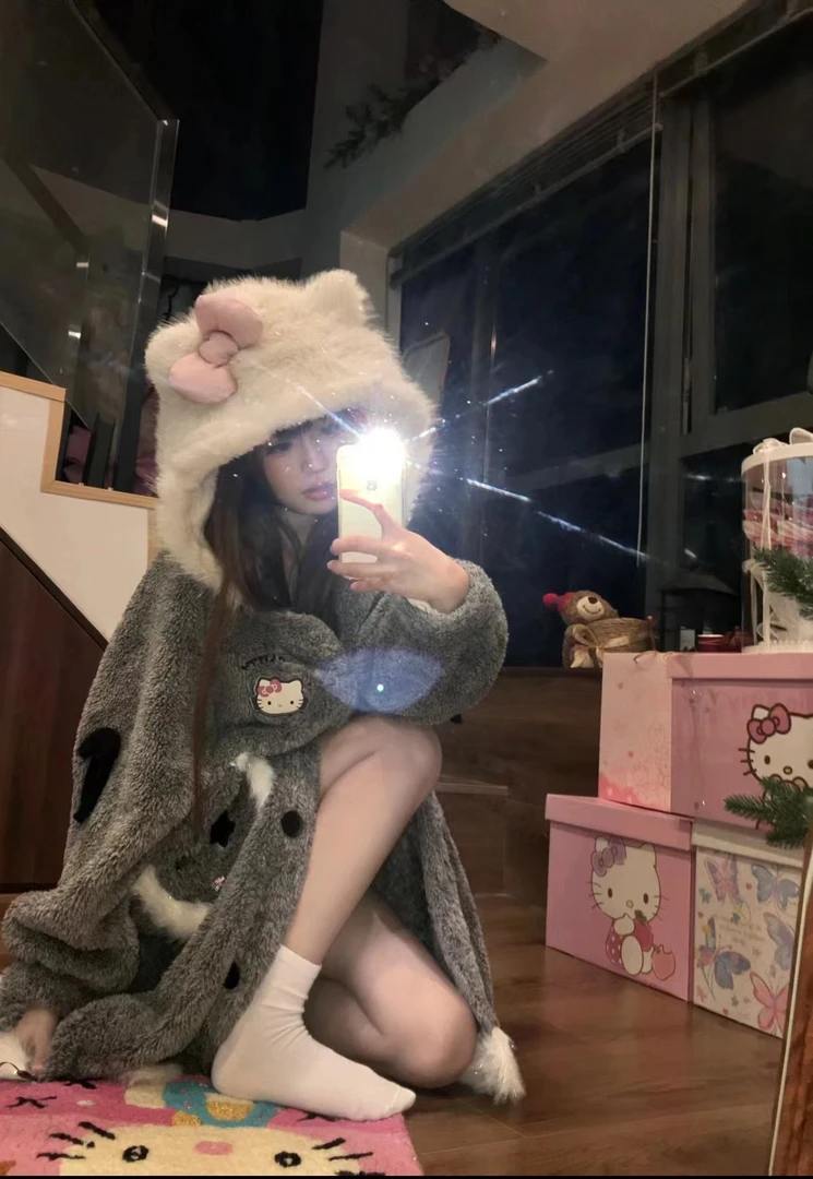 【黑皮kt】新款甜酷加绒加厚烫光绒冬款睡袍家居服套装