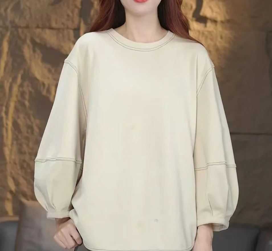 2024秋新款灯笼袖百搭宽松明线设计感T恤圆领上衣长袖秋冬