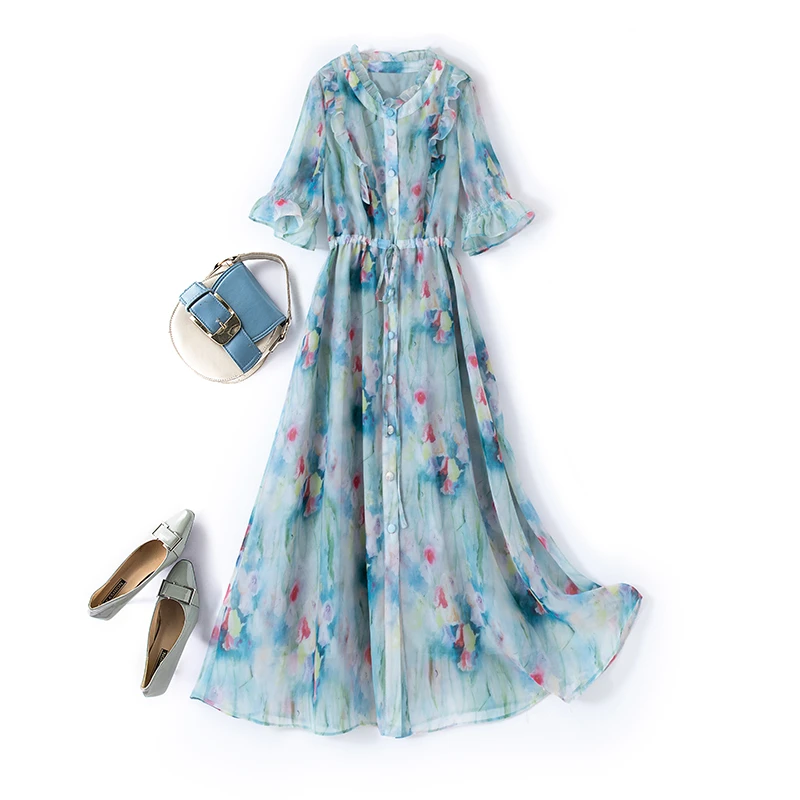 大码女装法式优雅印花连衣裙2023年夏季新款微胖雪纺中长裙