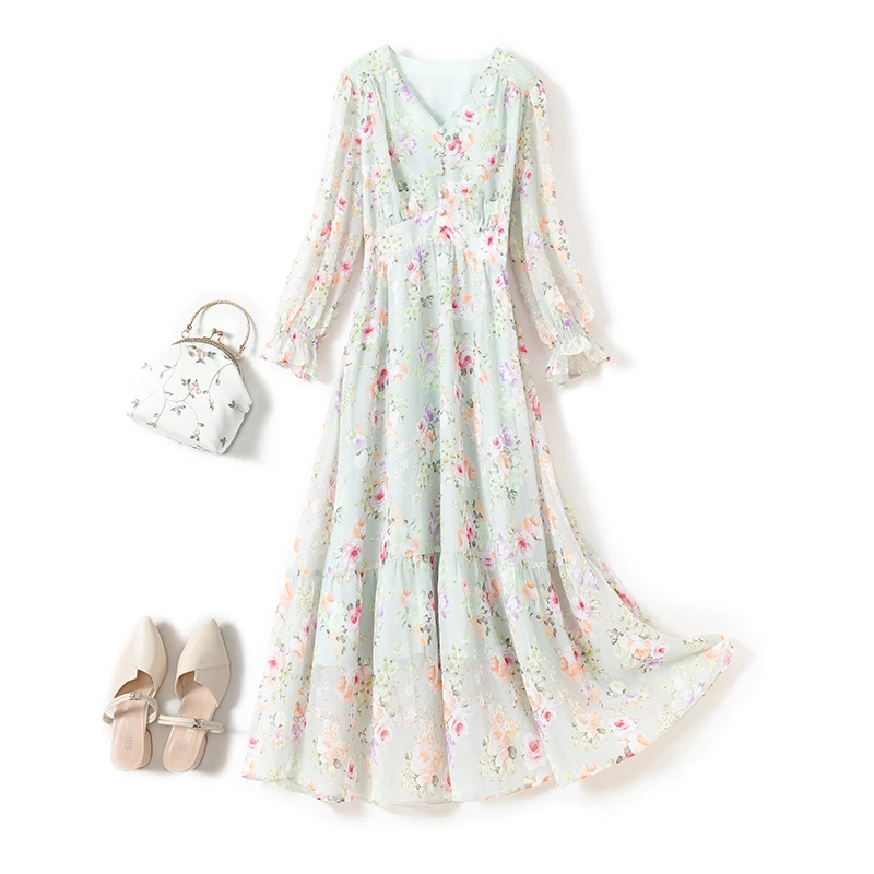 大码女装印花雪纺法式轻度假风连衣裙胖mm2024年春装新款V领长裙