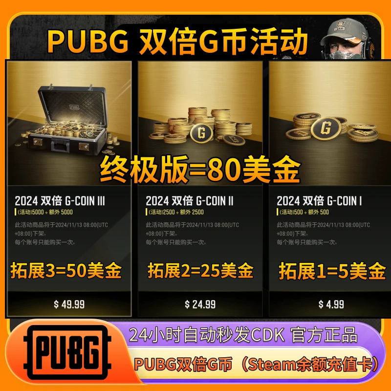 【 秒发】双倍G币活动绝地求生steam美金卡pubg2025神秘市场吃鸡