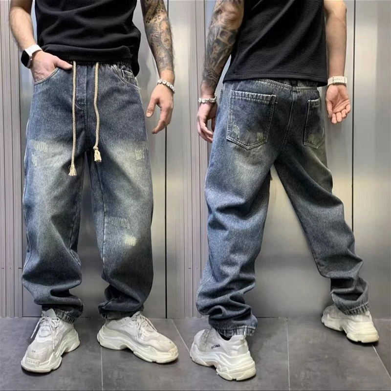 2024秋冬季新款男士水洗仔裤加绒加厚复古做旧潮牌宽松显瘦直筒裤