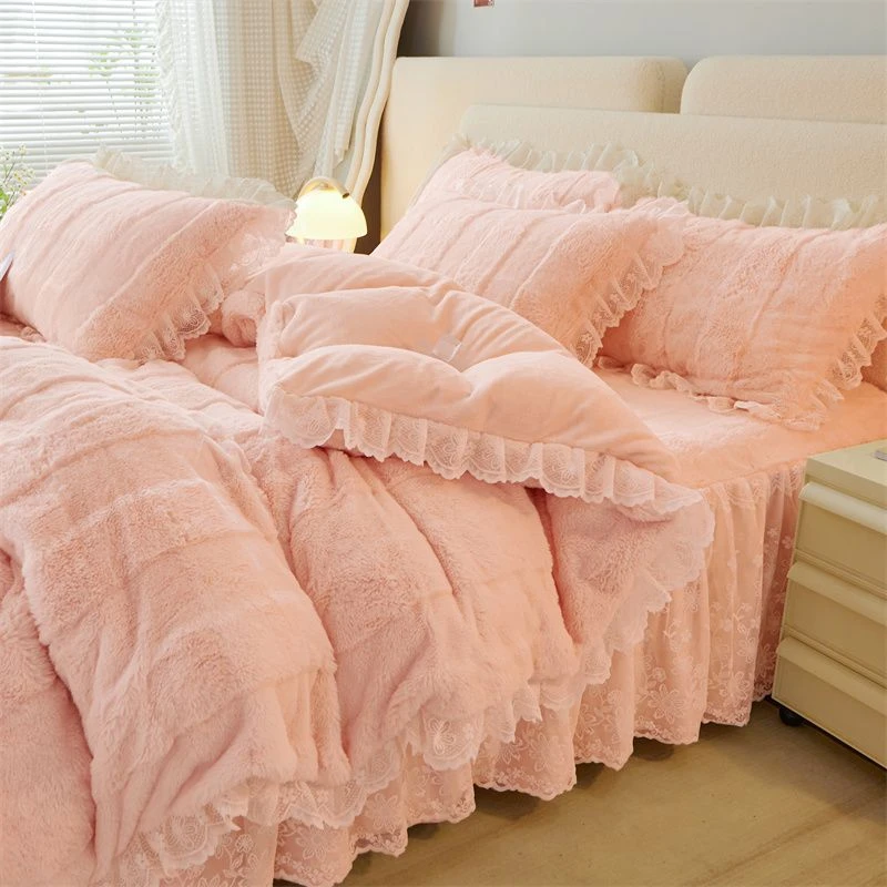冬季保暖四件套床裙款牛奶绒蕾丝花边床罩加绒加厚被套双面绒