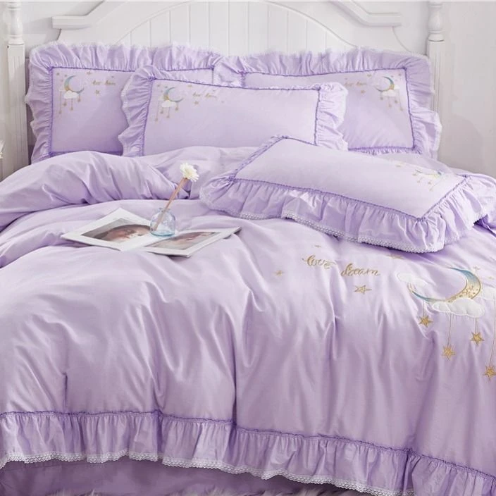 100%全棉四件套网红亲肤韩式纯色少女心韩版公主风荷叶边罩床