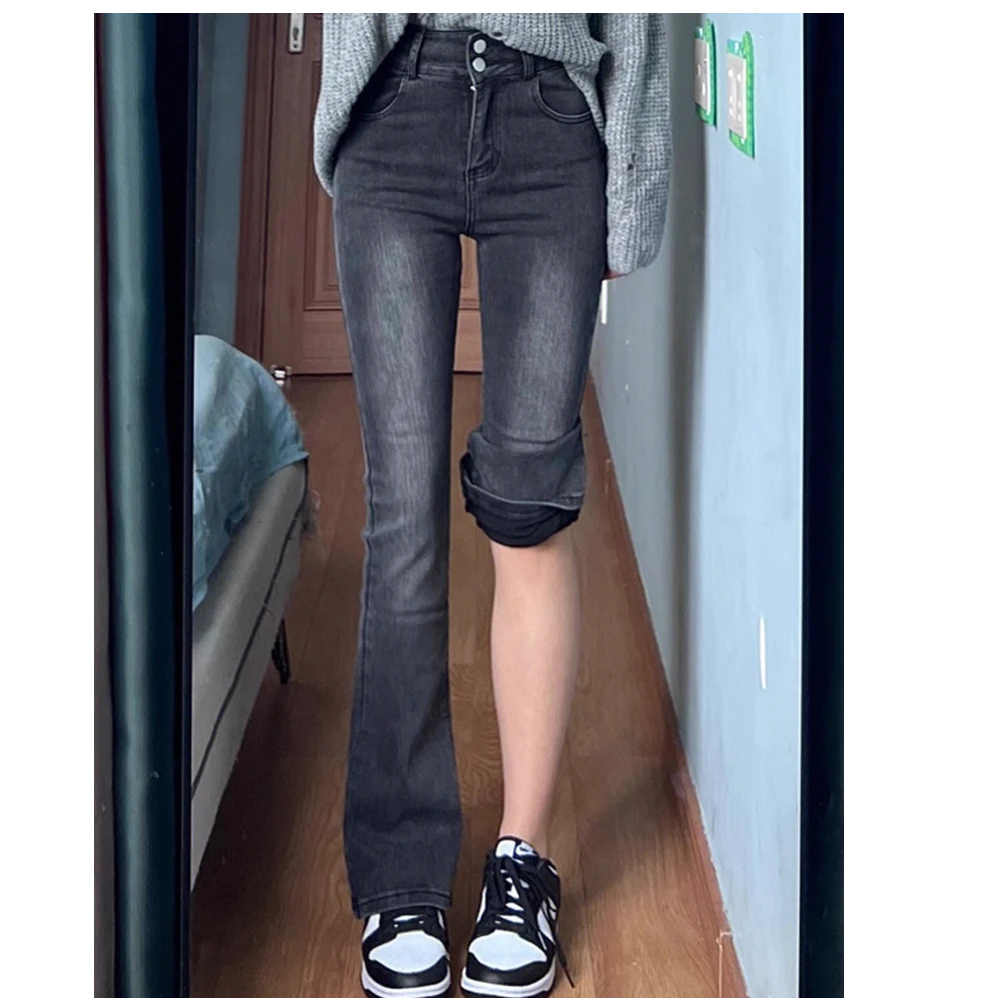 微胖显瘦微喇牛仔裤女加绒秋冬遮胯胖mm梨形身材大码喇叭马蹄裤子