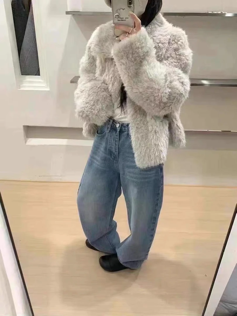 灰灰呀！8891 短款！人间小暖炉 韩系复古设计翻领百搭毛毛一体外套