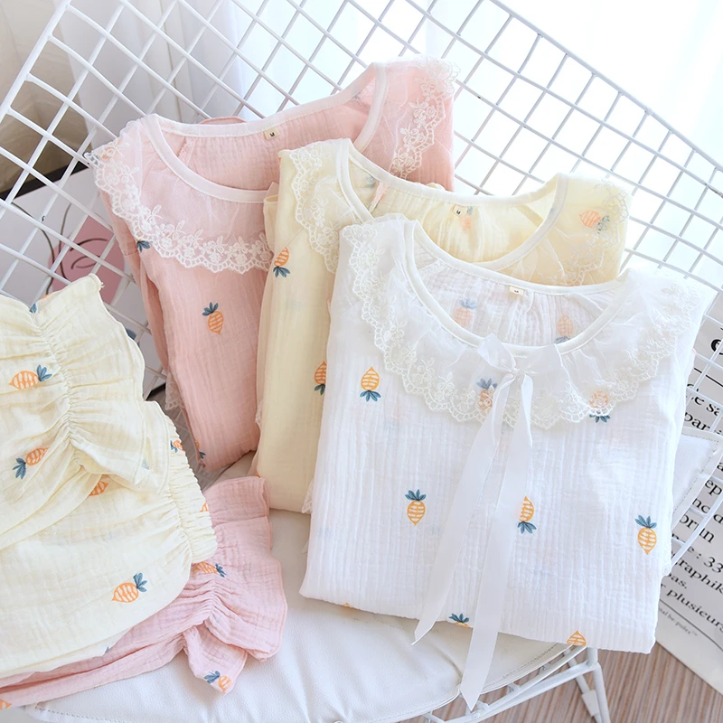 女士睡衣套头纯棉春夏双层棉纱柔软舒适吸汗透气家居服睡衣套装