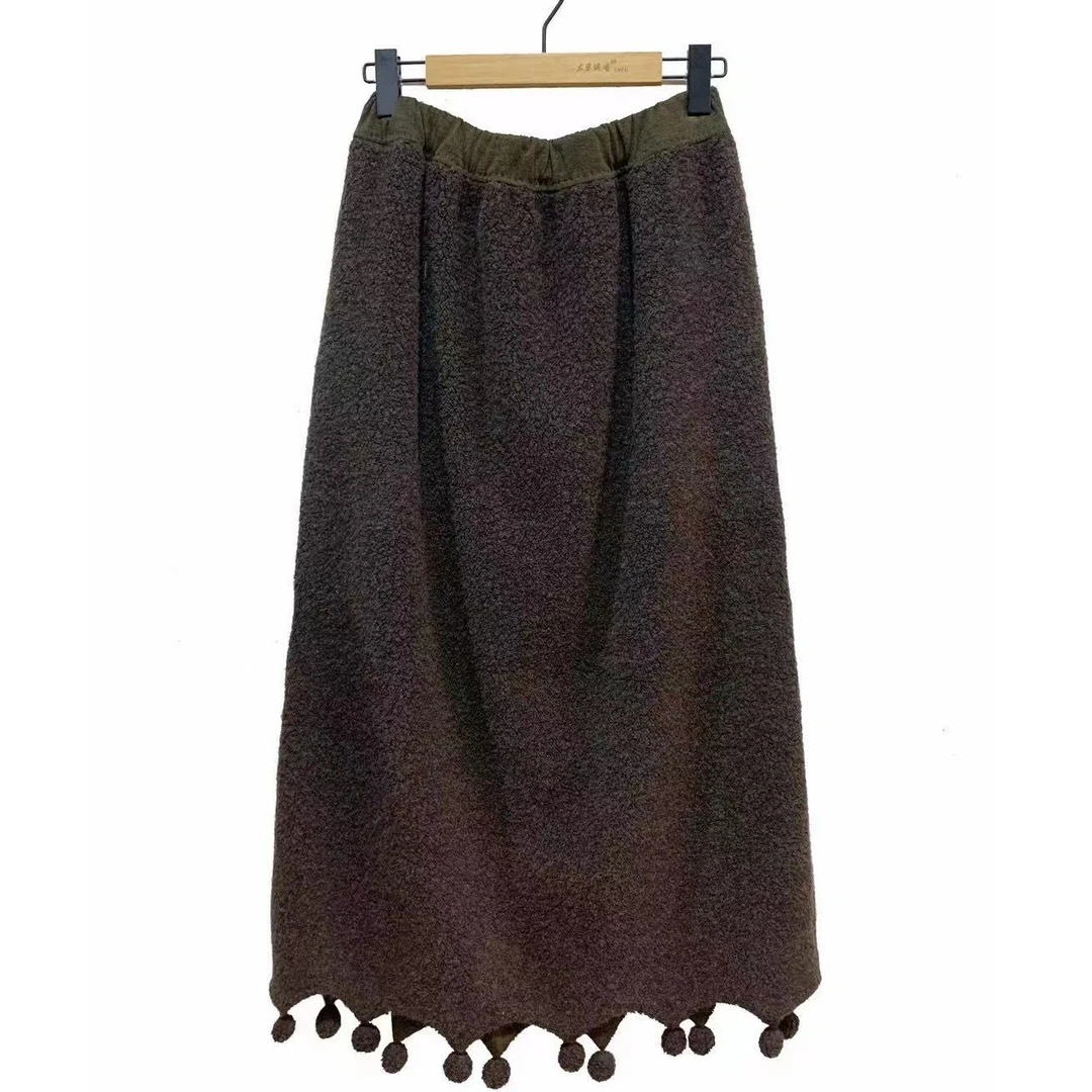 涟香家左岸迷香半身裙2003暖灰减龄球球流苏松紧腰保暖厚款文艺