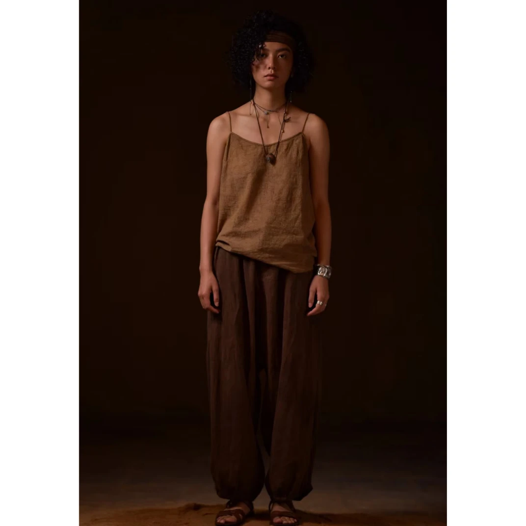 【7折】左岸迷香背心文艺休闲百搭纯棉圆领土黄吊带1035宽松夏季