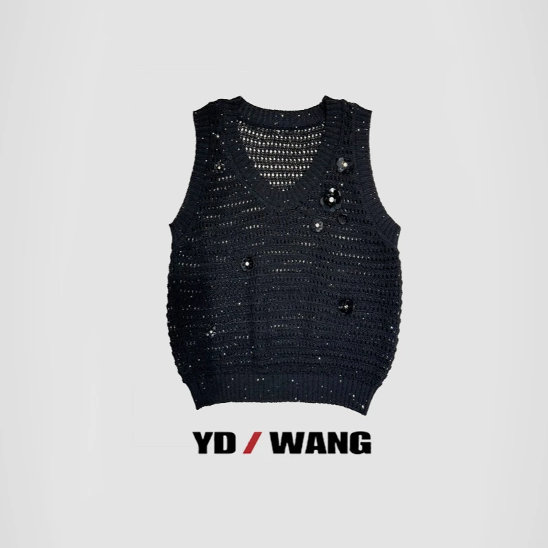 【YD精选】针织镂空珠片背心    衬衫上衣女士打底纯色无袖气质显瘦