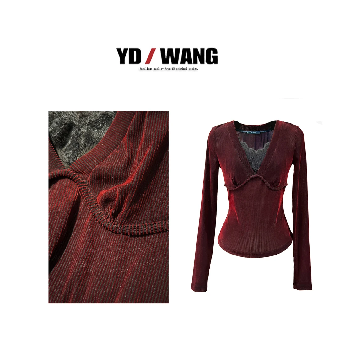 【YD精选】安可拉红蕾丝假两件收腰上衣 衬衫上衣女士打底纯色长袖