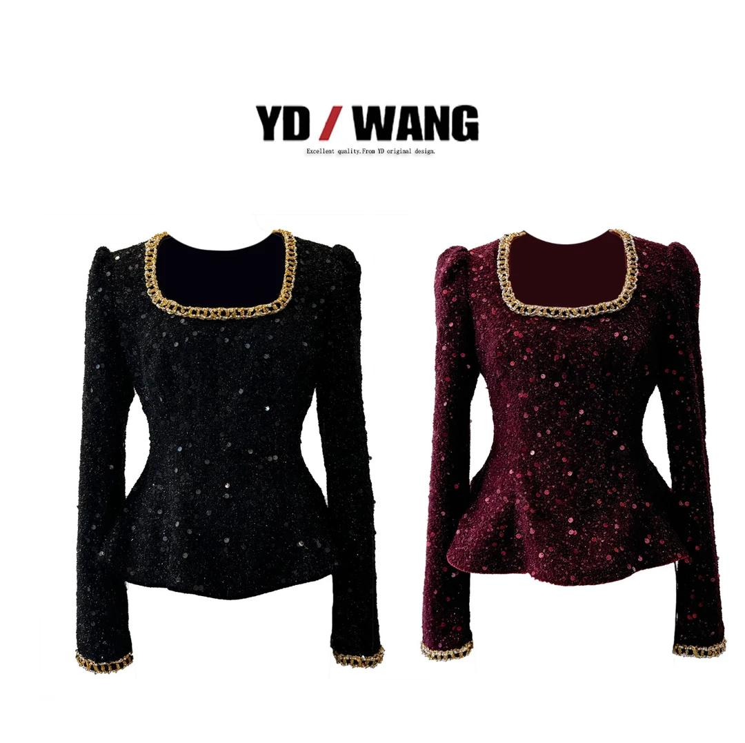 【YD精选】重工闪珠片方领上衣  衬衫上衣女士打底纯色长袖气质