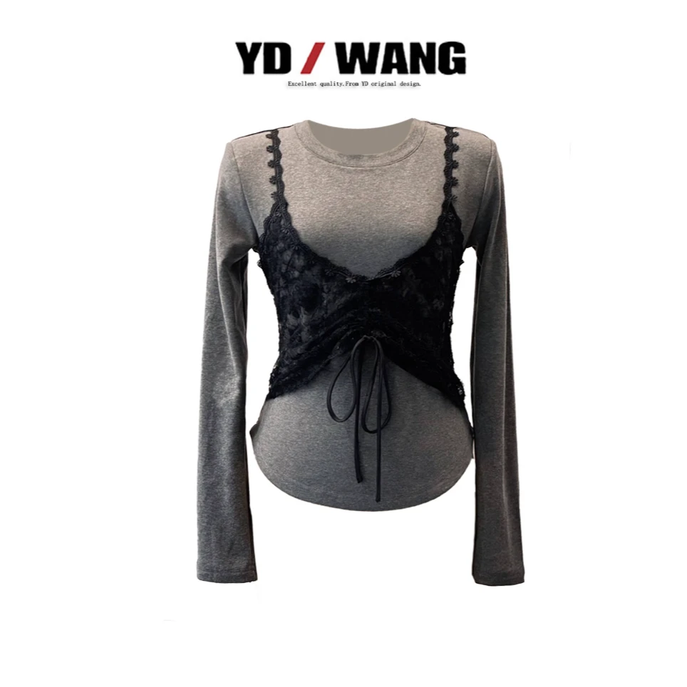 【YD精选】蕾丝假两件修腰衫   外套设计款时尚休闲上衣长袖