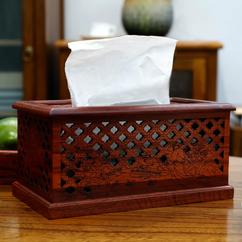 ANCIENT AGE/古朴年代檀木复古镂空客厅家用创意中式雕花纸巾盒